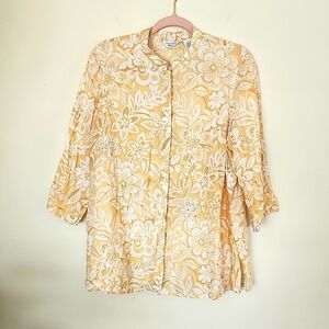Laura Ashley Woman Linen button down blouse, floral, embroidered, 3/4 sleeve